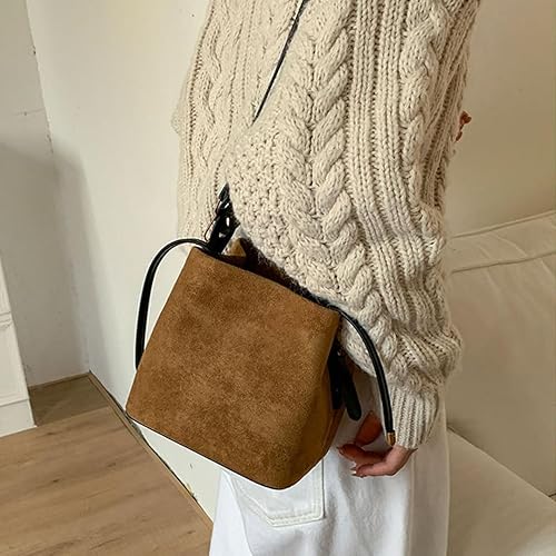 Mini borsa a secchiello in pelle scamosciata da donna, borsa con stampa leopardata, borsa a tracolla in finta pelle scamosciata, borsa a spalla morbida, borsa a tracolla intrecciata