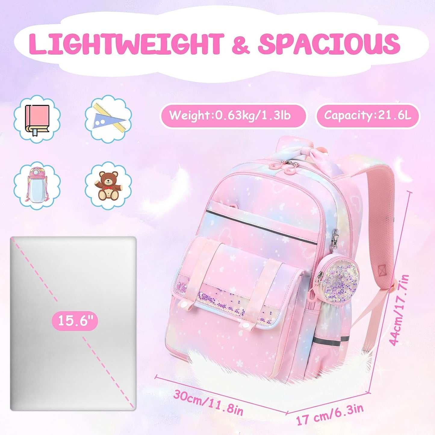 Zainetti scolastici per bambine: grazioso zaino Kawaii con fiocco e tante tasche, ideale per la scuola elementare (6-14 anni), colore rosa.