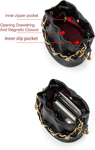 Borsa a secchiello piccola con manico superiore, borsa a tracolla firmata in pelle di agnello con coulisse e tracolla a catena spessa.