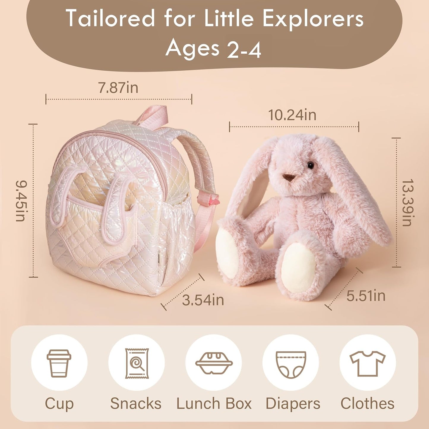 Zainetto a forma di coniglietto per bambine – Borsa morbida in peluche con giocattolo staccabile per bambine dai 2 ai 4 anni | Perfetto per l'asilo nido, i viaggi e come regalo di compleanno