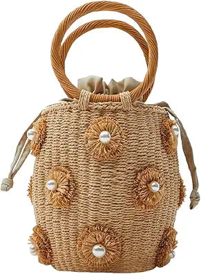 Borsa tote in rattan con fiori e perle, borsa a secchiello in paglia con coulisse per l'estate e la spiaggia, borsa a mano intrecciata con diamanti.