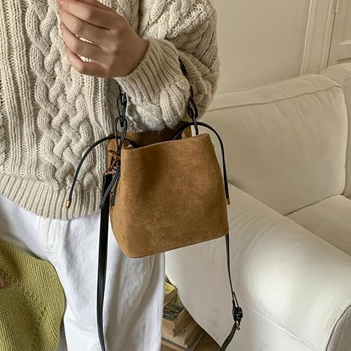 Mini borsa a secchiello in pelle scamosciata da donna, borsa con stampa leopardata, borsa a tracolla in finta pelle scamosciata, borsa a spalla morbida, borsa a tracolla intrecciata