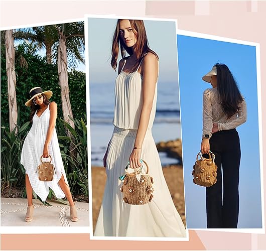 Borsa tote in rattan con fiori e perle, borsa a secchiello in paglia con coulisse per l'estate e la spiaggia, borsa a mano intrecciata con diamanti.