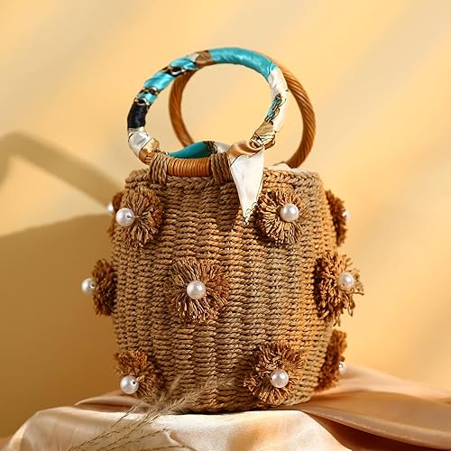 Borsa tote in rattan con fiori e perle, borsa a secchiello in paglia con coulisse per l'estate e la spiaggia, borsa a mano intrecciata con diamanti.