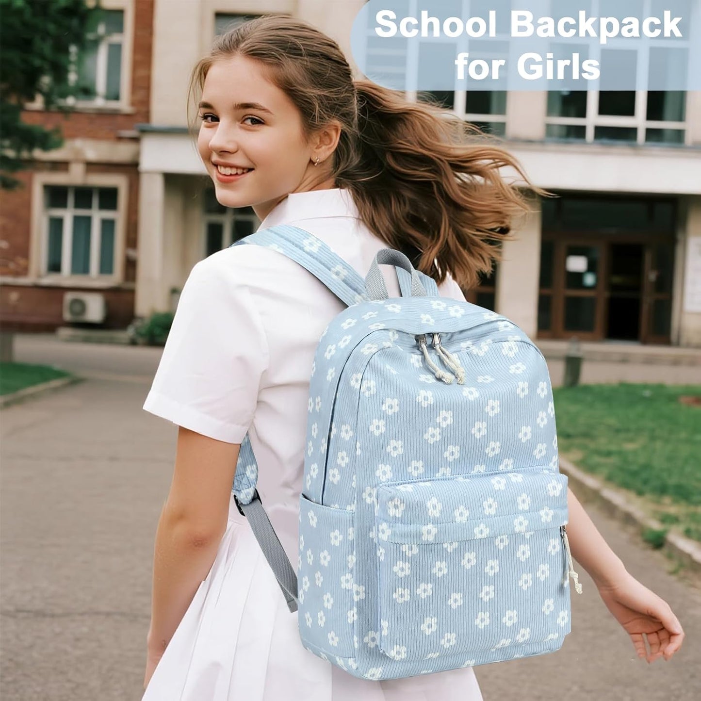 Zaino scolastico per adolescenti, grande, in velluto a coste, leggero, con capacità di 15,6 pollici, ideale per laptop, per ragazze e donne, perfetto per la scuola superiore e l'università.