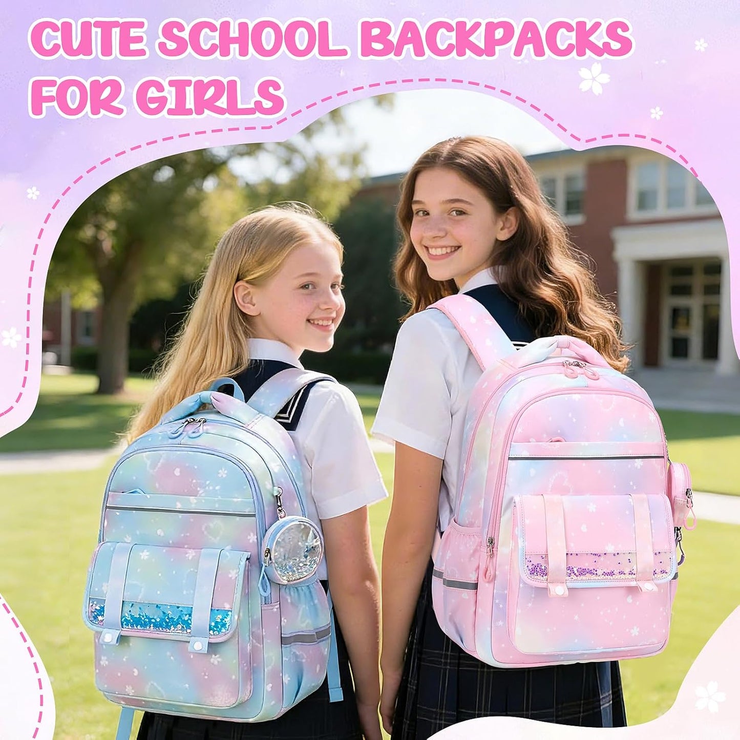 Zainetti scolastici per bambine: grazioso zaino Kawaii con fiocco e tante tasche, ideale per la scuola elementare (6-14 anni), colore rosa.
