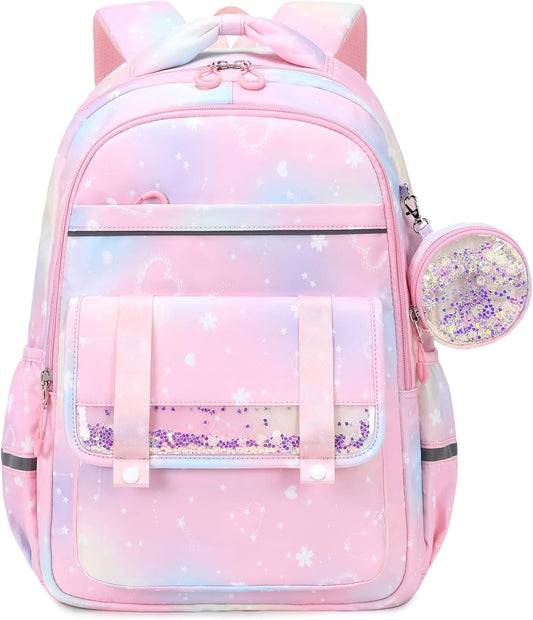 Zainetti scolastici per bambine: grazioso zaino Kawaii con fiocco e tante tasche, ideale per la scuola elementare (6-14 anni), colore rosa.