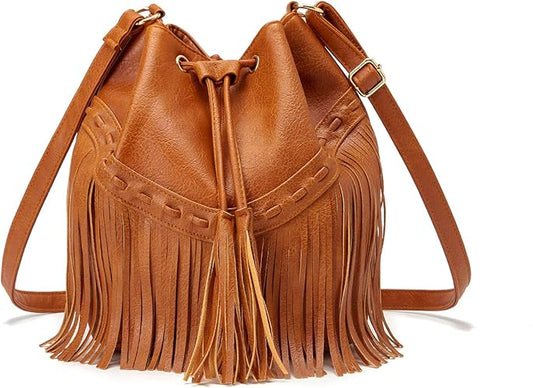 Borse a secchiello in pelle da donna, borse a tracolla con frange e coulisse, borse a spalla e a secchiello con nappine.