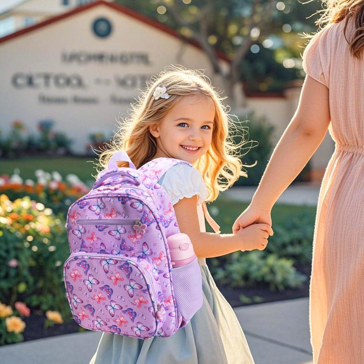 Zaino per bambine - Zaino per bambine dai 3 agli 8 anni con farfalle, 38 cm, zaino scolastico per l'asilo e la scuola elementare.